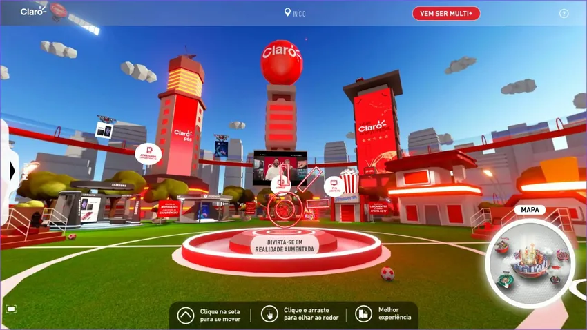 Centro da cidade virtual Claro Mundos com campo e prédios
