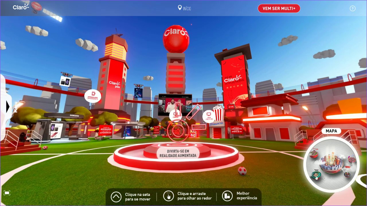 Centro da cidade virtual Claro Mundos com campo e prédios