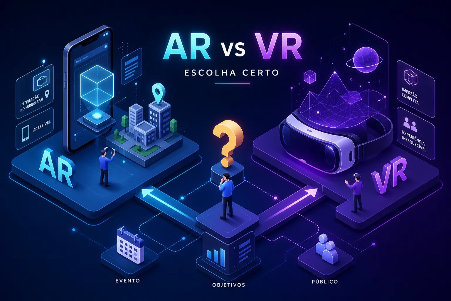 Ilustração comparando realidade aumentada no celular, à esquerda, e realidade virtual com óculos, à direita, com a decisão baseada em evento, objetivos e público.