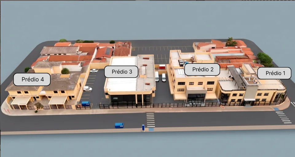 Mapa 3D do complexo da DMC Medical no tour virtual, com os prédios 1 a 4 identificados.