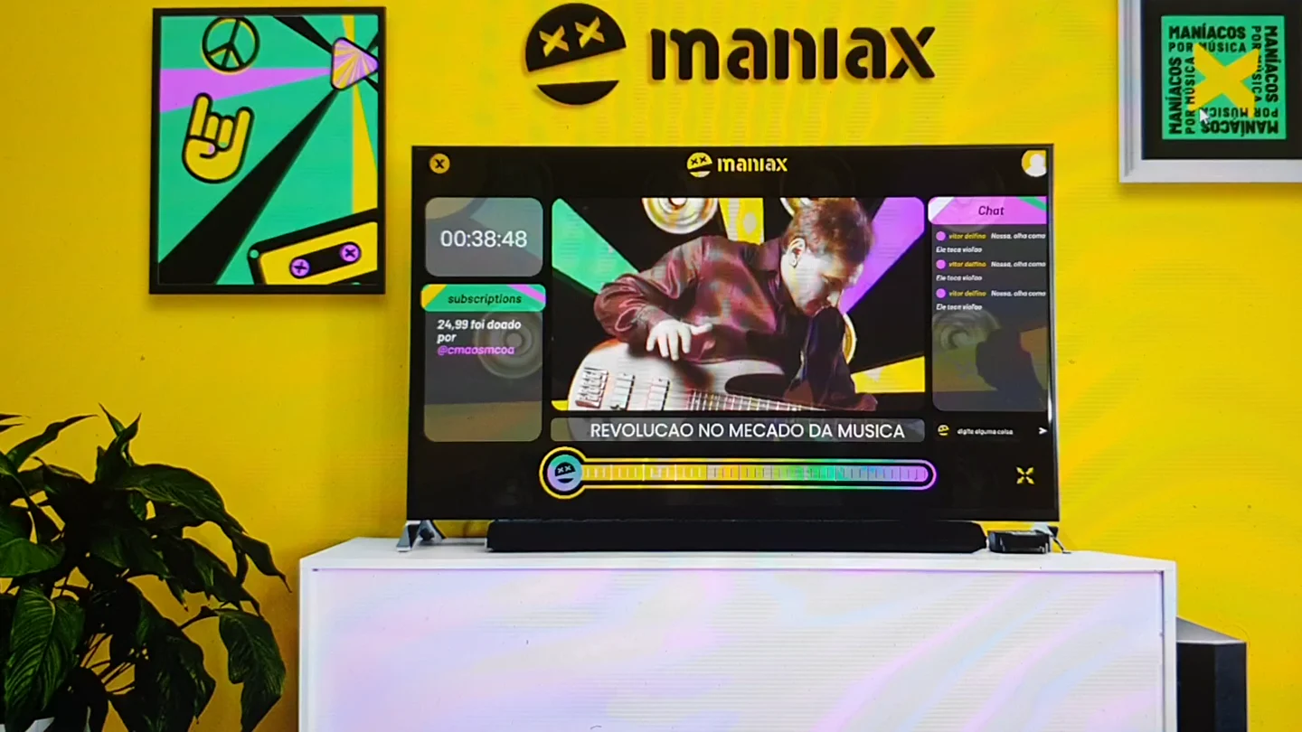 Maniax interface with a music performance, chat and subscription area