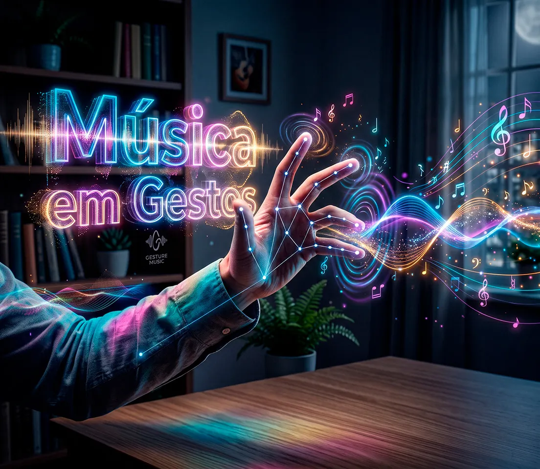 Ilustração de Música em Gestos: uma mão no ar com pontos de rastreamento, de onde saem ondas sonoras e notas musicais em neon
